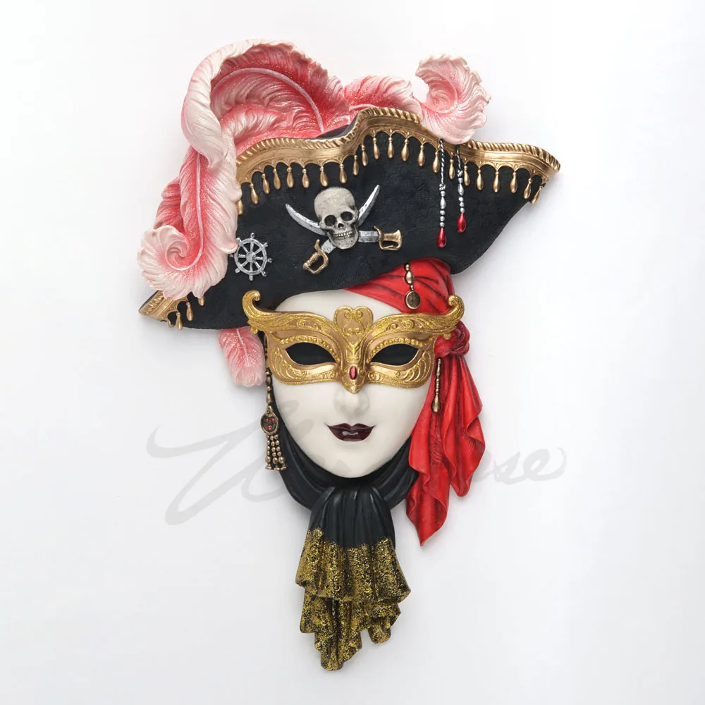 Venetian Pirate Carnival Mask Wall Decor Antique Skull Feather Mask Figurine Vintage Masquerade Face Wall Hanging Art Ornament