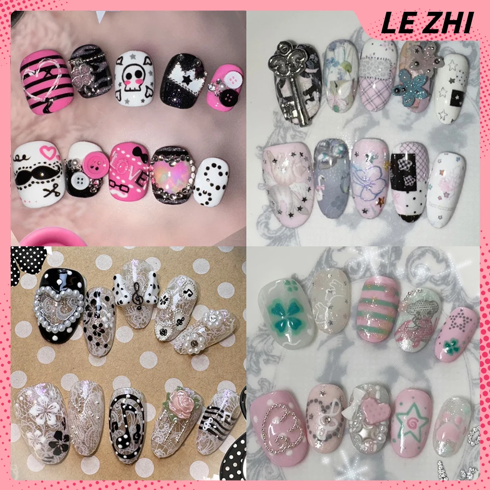 

10Pcs Y2K Kawaii Handmade Short Square Ellipse Press On Nails Flower Pearl Diamond Wing Four Leaf Clover Musical Notes Fake Nail