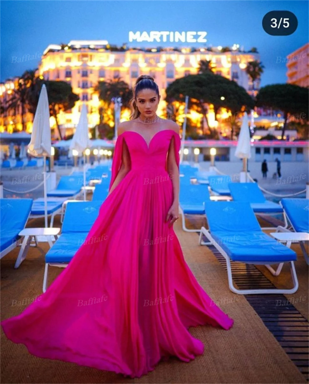 Bafftafe A Line Fuchsia Chiffon Prom Dresses Open Long Sleeves Women Celebrity Dress Off The Shoulder Formal Evening Party Gowns