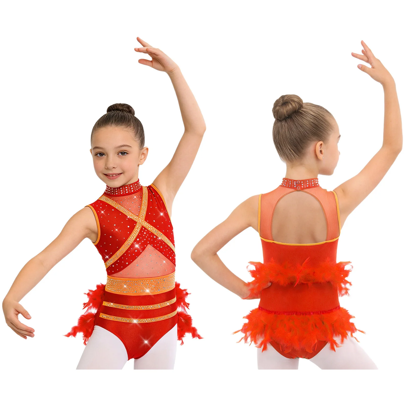 Kids Girls Latin Ballet Dance Costume Bodysuit Mock Neck Sleeveless Mesh Patchwork Shiny Rhinestone Leotard Modern Dancewear image 3