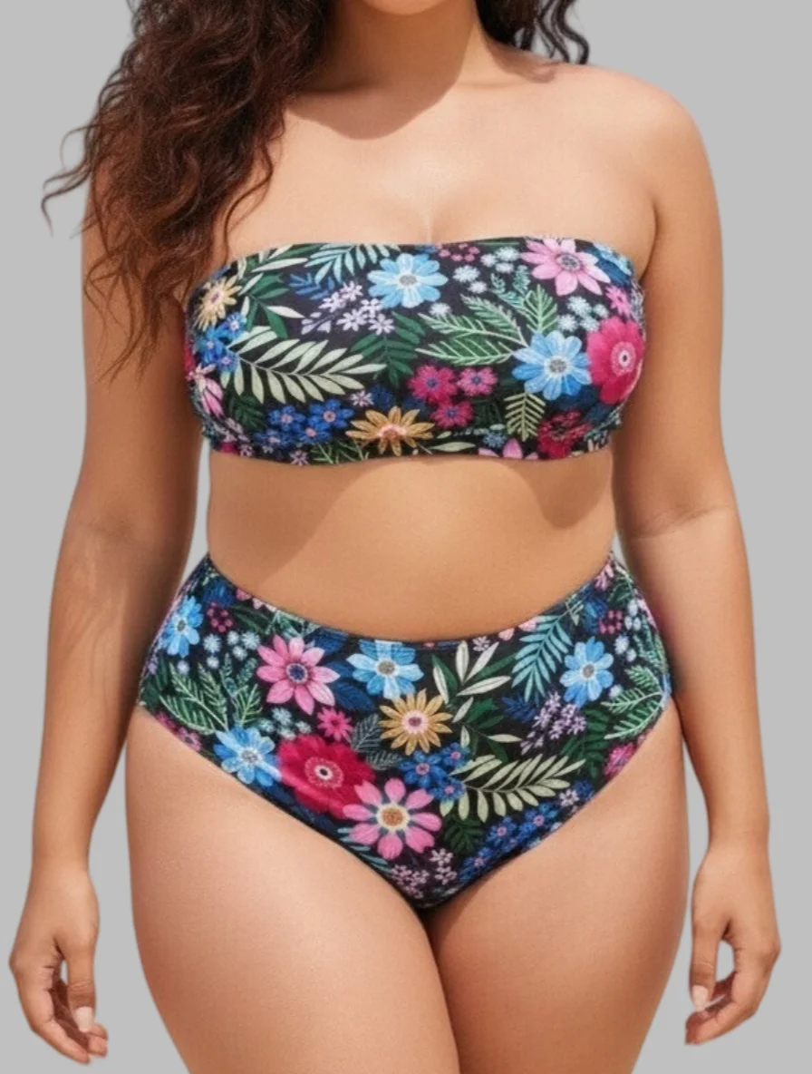 Women Plus Size Floral Bikini Set Bandeau Tube Top High Waist Two Piece Swimsuit Tropical Flower Print Bathing Suit