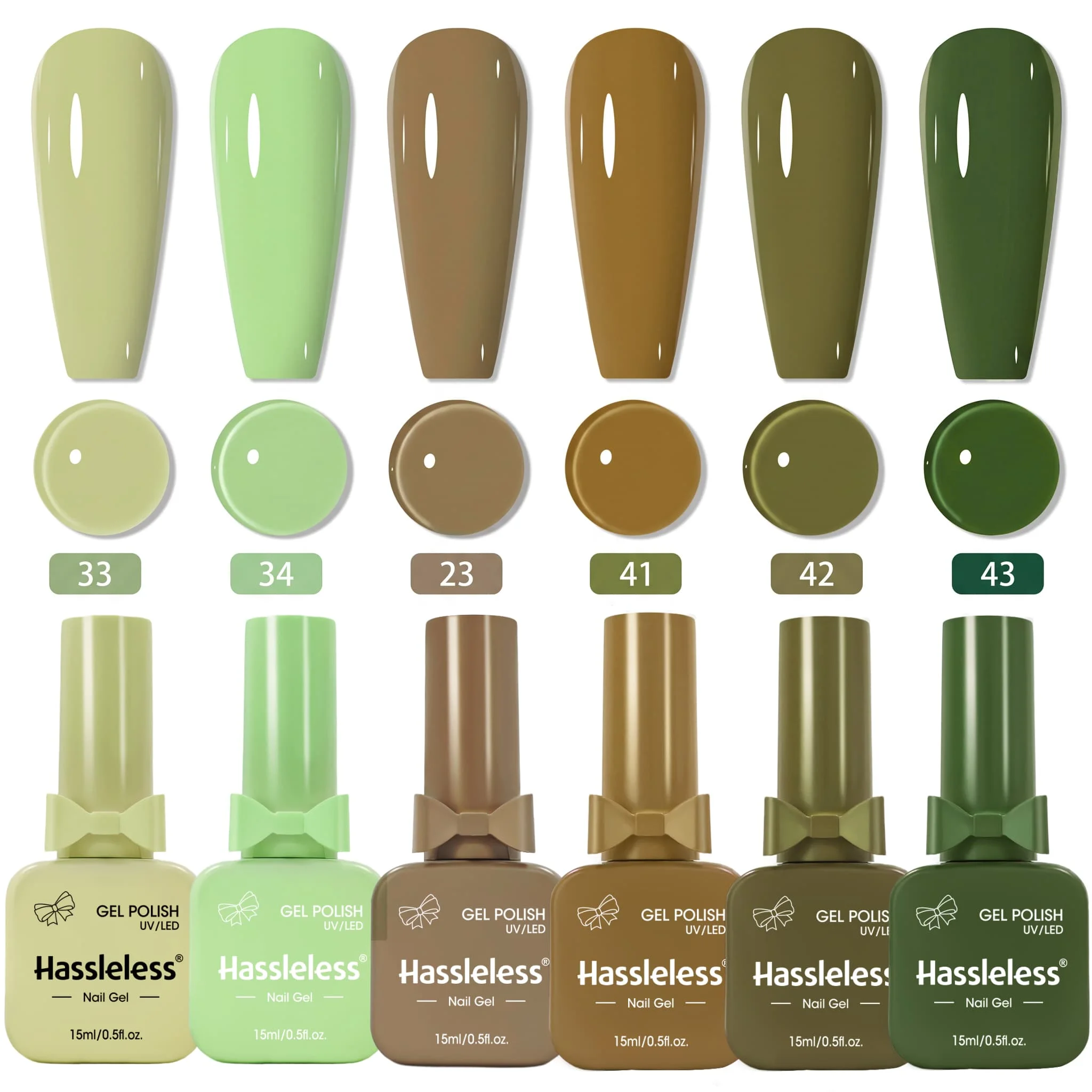 Hassleless 6-Piece Forest-Style Green-Brown Nail Polish Gel Set, 15ml Large Capacity, Salon-Grade Mirror-Like High Gloss, Rich Color, Long-Lasting and Not Easy to Peel Off, Autumn and Winter Maillard Home DIY Nail Art Set