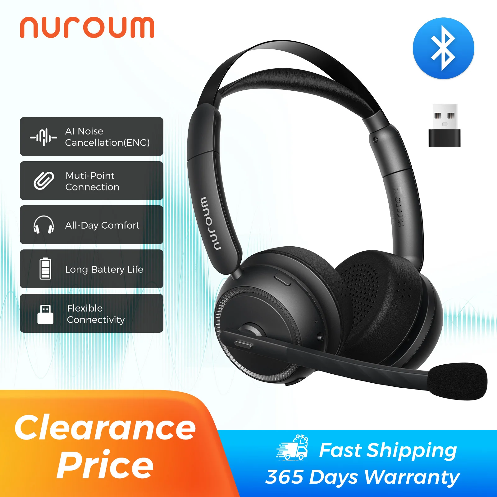 Nuroum Bluetooth 5.3 Over‑Ear Wireless Headset ENC Noise Cancelling Microphone
