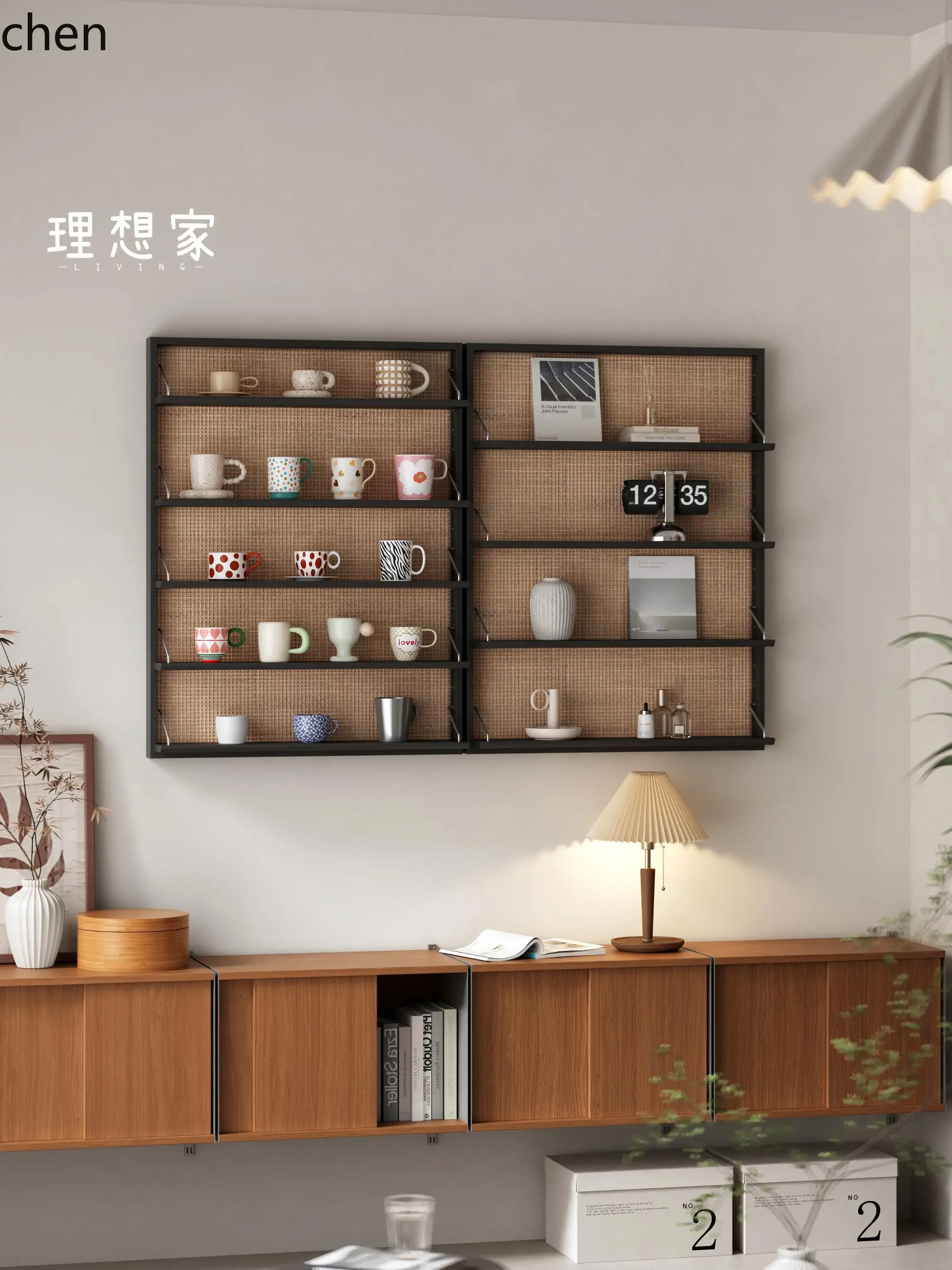 Solid Wood Wall Shelf Living Room Wall-Mounted Rattan Storage Rack Adjustable Wall Display Shelf