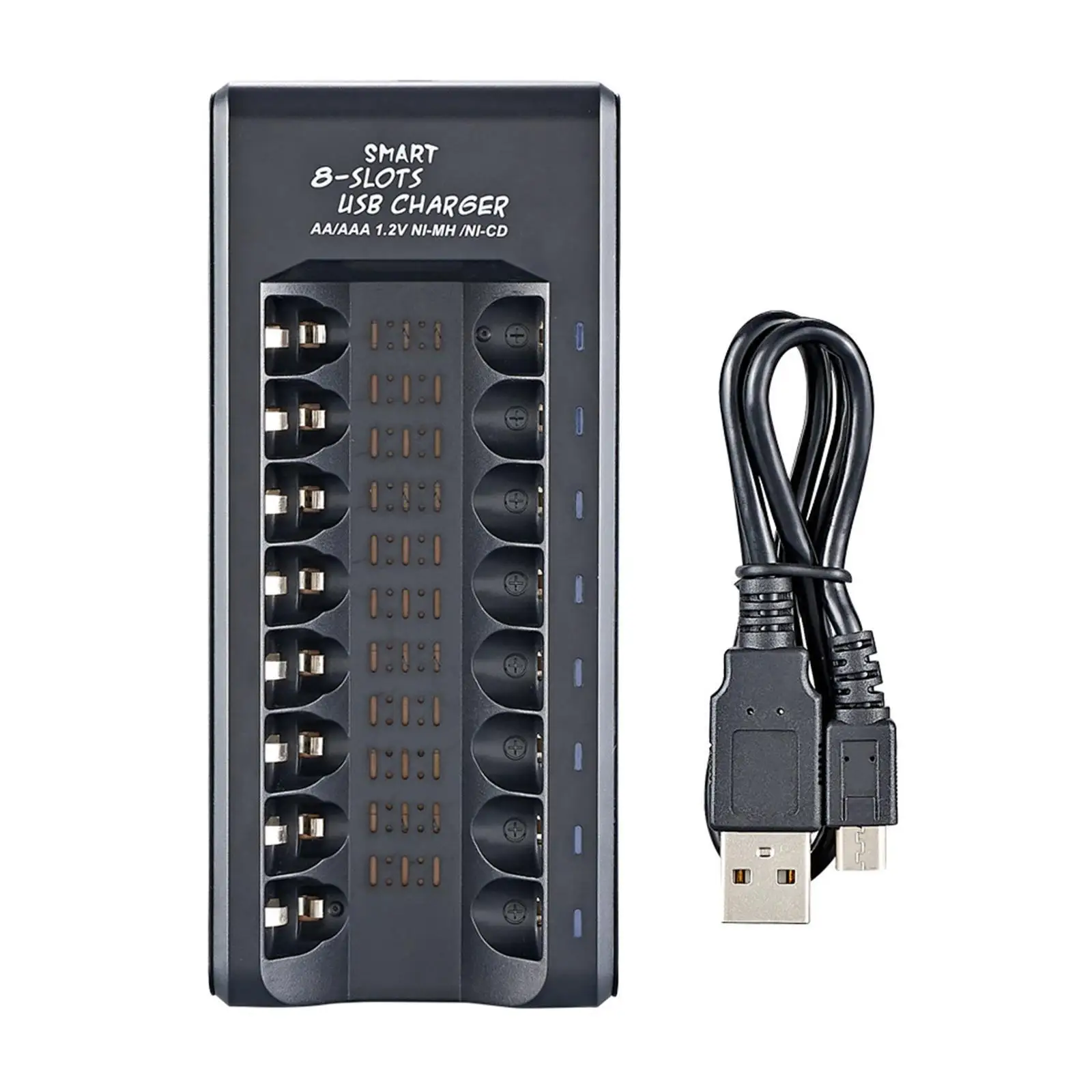 Carregadores de bateria recarregáveis pretos com indicador LED, pequenos em tamanho, nunca fora do poder novamente