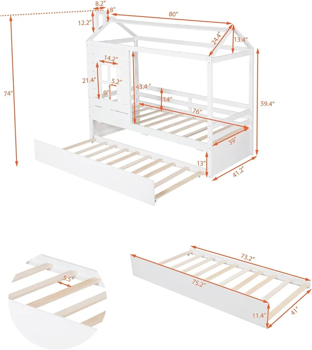 Twin Size Hausbett mit Rollbett, Massivholz haus geformtes Plattform bett mit Fenster und Dach, einzigartiges und einfalls reiches Design