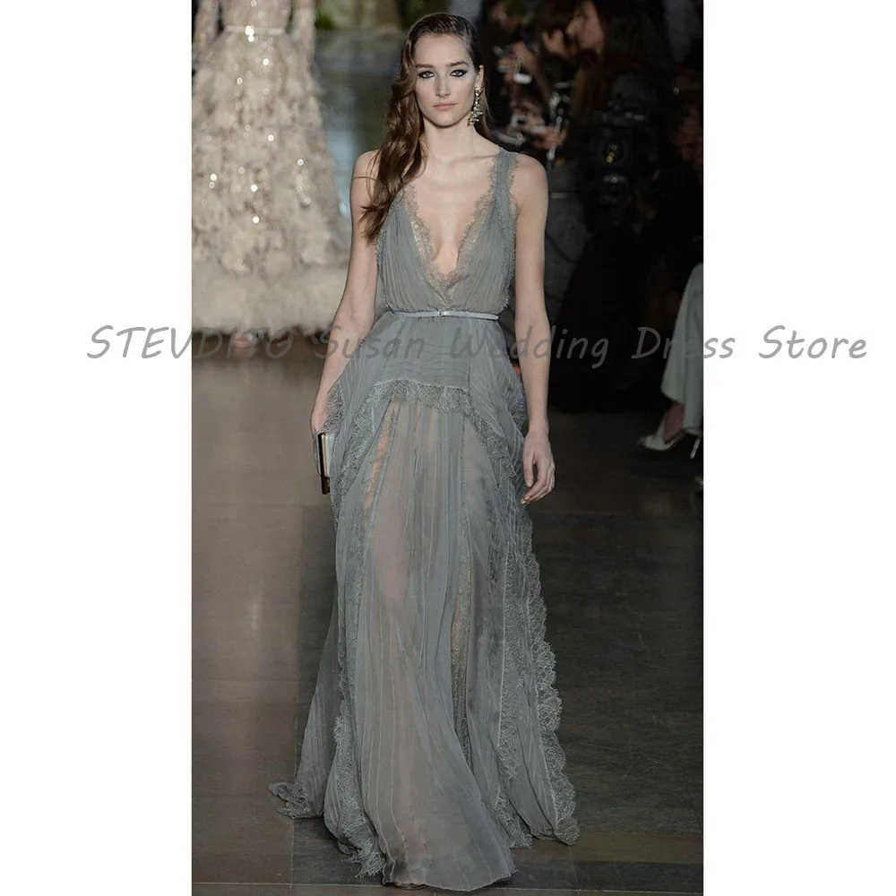 Grey Sexy Design Evening Dresses Women Floor Length High Qaulity Sweep Train Sleeveless Prom Party Female Gowns Classic Stylish