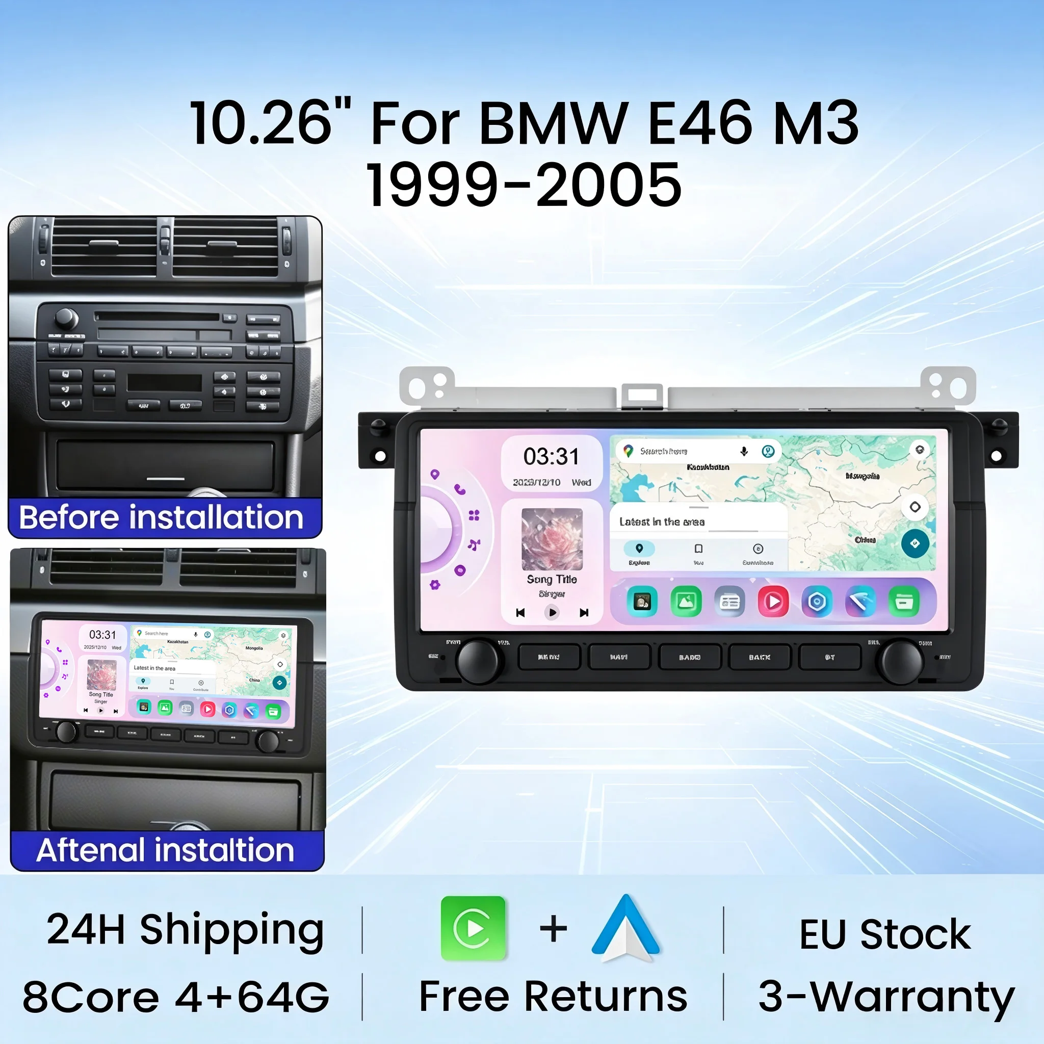 Nuovo stile! Schermo IPS da 10,26 pollici, risoluzione 1600x600, autoradio multimediale con Carplay wireless e Android Auto per BMW E46 M3 1998-2006, sistema intelligente per auto, navigazione GPS,