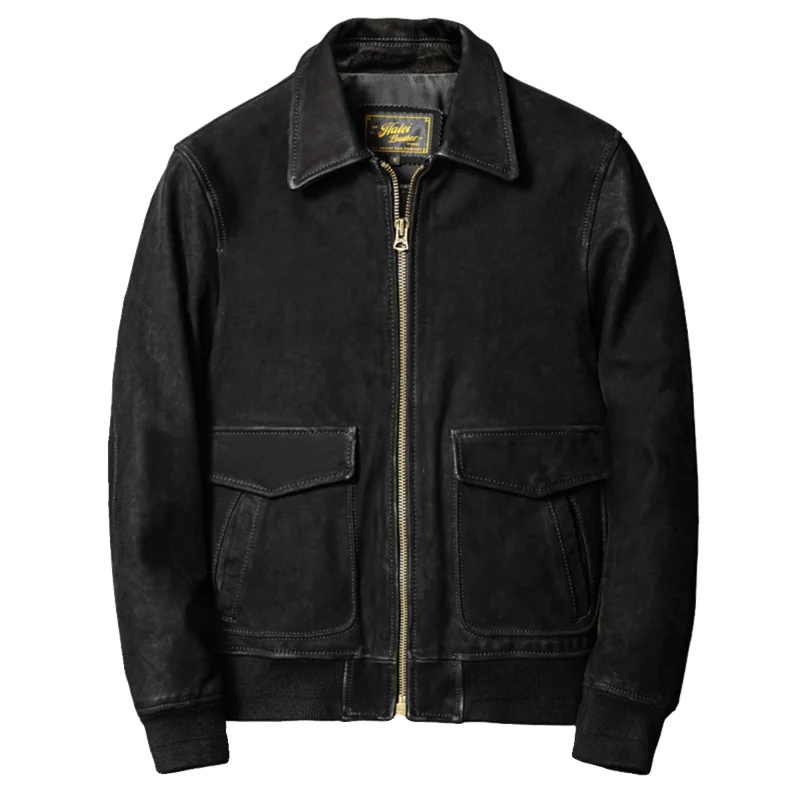 Men's Genuine Sheepskin Suede Leather Flight Jacket Black Distressed Waxed Finish Zip Front With 2 Flap Pockets Rib Hem Vintage