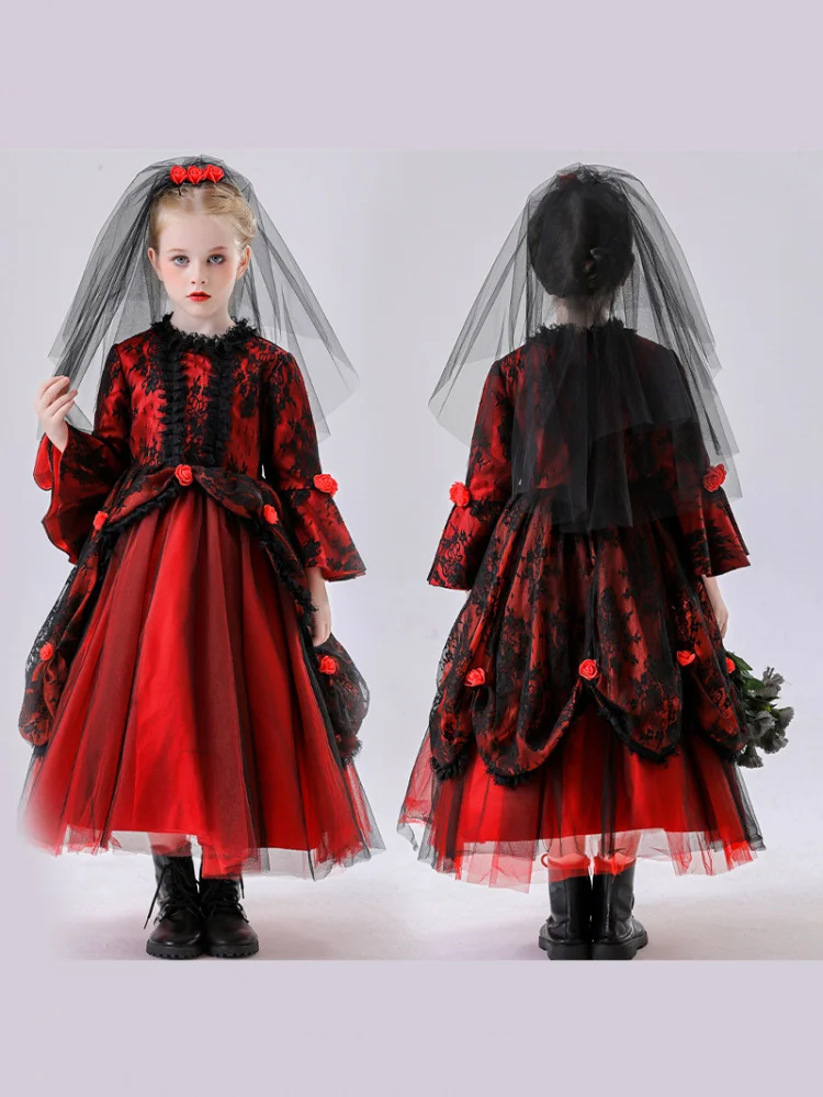زي مصاص دماء للأطفال لعيد الهالوين، فستان أميرة ساحرة، زي أداء مسرحي، زي عروس شبح أحمر جديد، تنورة قطنية بخصر مرتفع