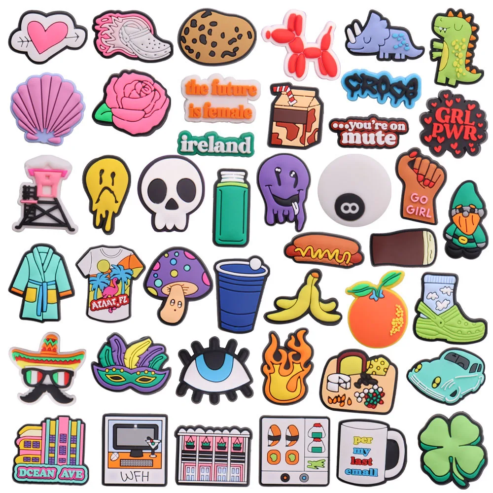 Mix 50pcs PVC Shoe Charms Eyes Cart Sushi Cup Ghost Tee T-Shirt Hot Dog Dinosaur Shell Buckle Clog Decorations for Bands Gift