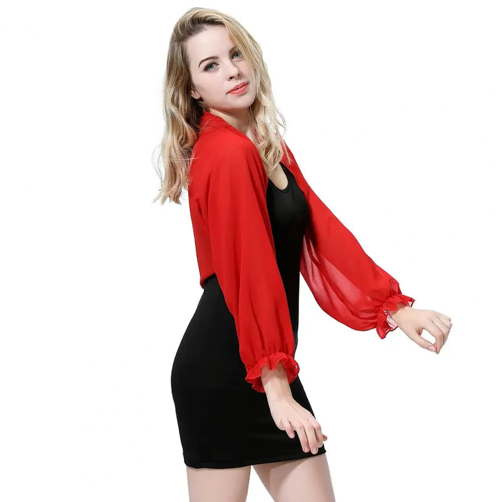 

Women Chiffon Wrap Chiffon Shawl Summer Sun Protection Shirt with Ruffle Cuffs Lightweight Beach Cover Up for Women Open Front