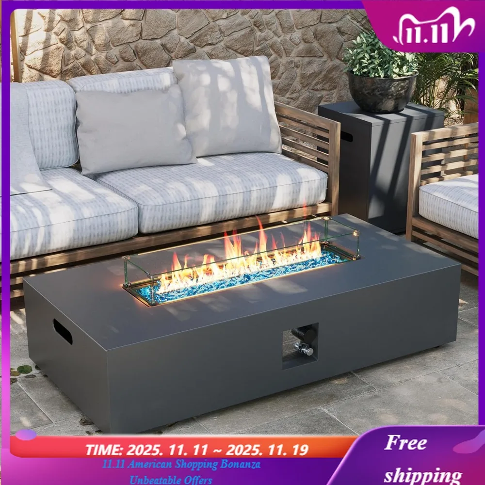 

56-inch Iron Rectangle Propane Gas Fire Pit Table 50000 BTU for Outdoor Patio with Hidden Tank Storage Windshield