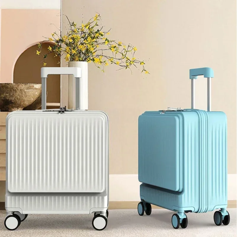 Rolling Luggage Travel Suitcase 18 Inch Front Open Cover Suitcases Boarding Box Student Trolley Password Case Cup Holder Trunk