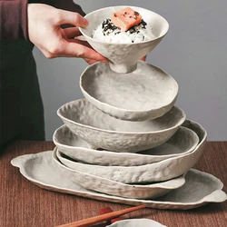 KINGLANG Jingdezhen Handmade Dish and Bowl Personality Designed Retro Plate Ceramic Rice Bowl Combination Dinnerware