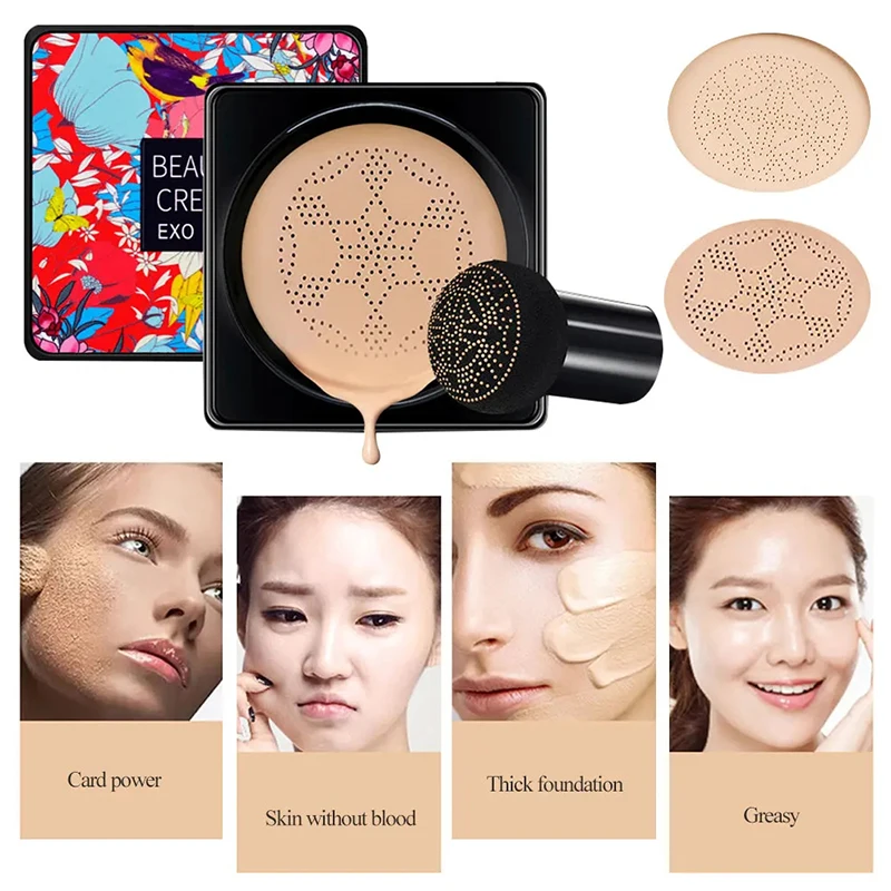 Coreano Air Cushion BB Cream com Cabeça de Cogumelo, Fundação Hidratante do Rosto, Corretivo Clareador, Base de Cobertura Completa, Maquiagem Cosméticos