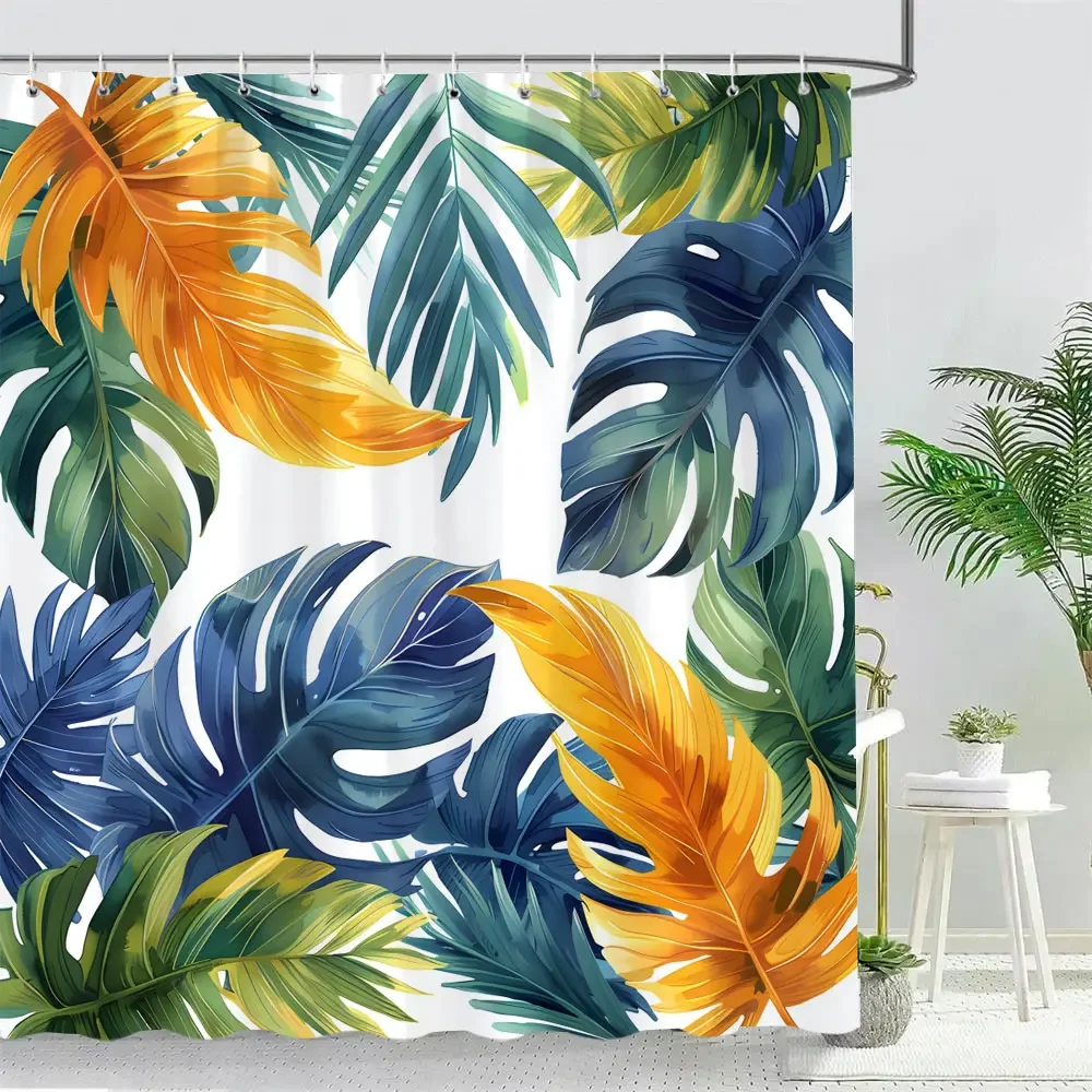 Tropical Leaves Shower Curtain Autumn Leaves Watercolour Print Polyester Fabric Shower Curtains Bathroom Decoration with Hooks