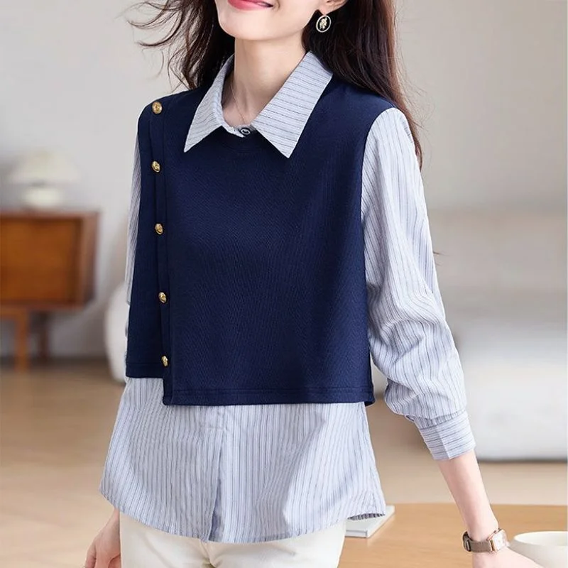 

Fake Two-piece Striped for Women Spring Autumn Splicing Design Loose Versatile Tops Trendy Shirts