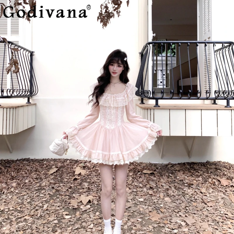 

French Pure Desire Girl Style Dress Women's Lace High Waist Pink Puffy Birthday Dress Female Autumn Princess Party Dress