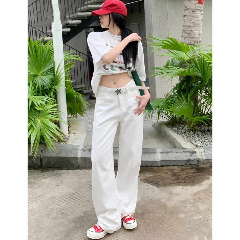 Women White Jeans Solid High Waist Y2K American Street Wide Leg Pants Fashion Hip Hop Vintage Female Straight Summer Trousers