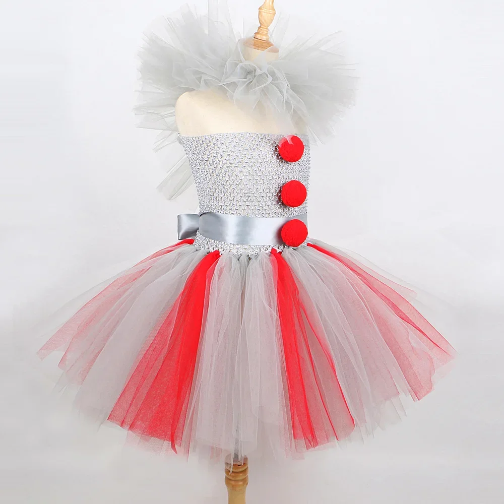 Gruseliges Clown-Tutu-Kleid-Set für Mädchen, silbernes Netz-Mieder, rotes Pom-Pom-Dekor, Tüllkragen, Haarreifen, Kinder-Halloween-Cosplay-Outfit – Detail 3