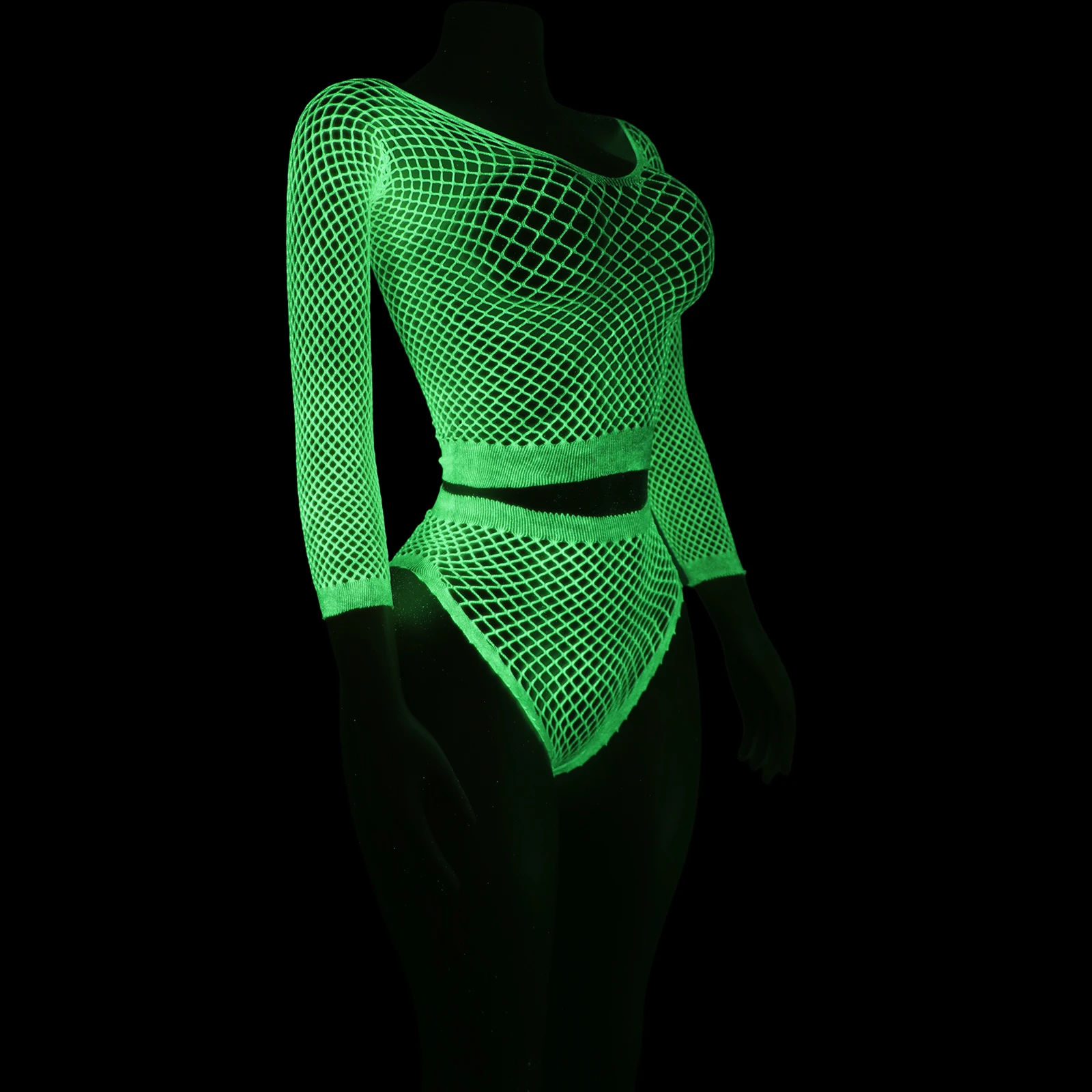 蛍光網タイツツーピースプレイスーツスリーブショーツセクシーなダンスウェアエキゾチックなナイトクラブの衣装大胆なステージ衣装
