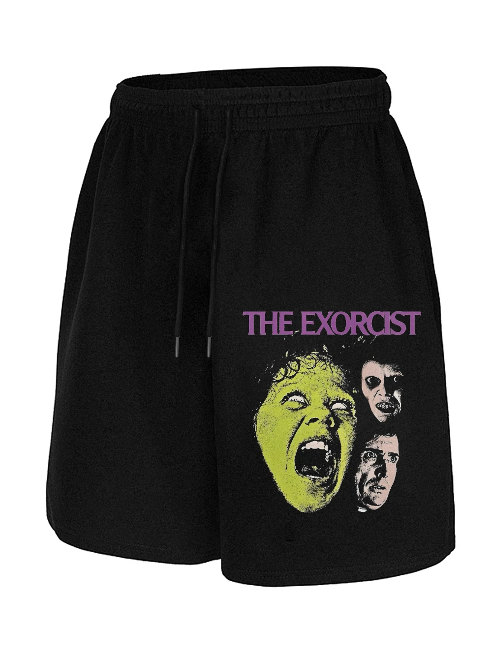 Short imprimé film d'horreur pour hommes avec design exorciste – Short de sport toutes saisons avec visage vert et lettrage violet