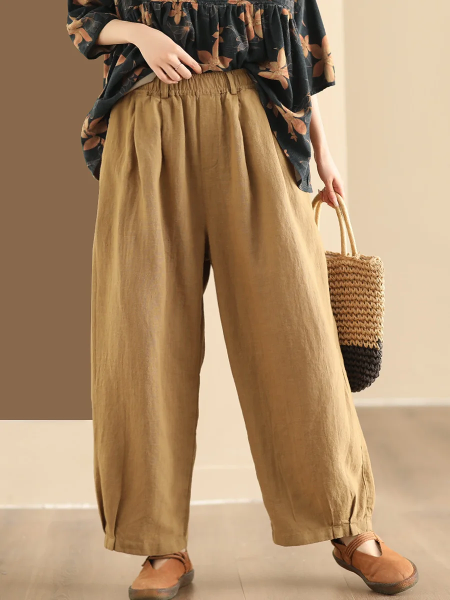

Retro 00% Linen Casual Pants Thi Soft Loose Long Trousers Versatile Wide Leg Pants l Waist Commute Sle Linen Trousers