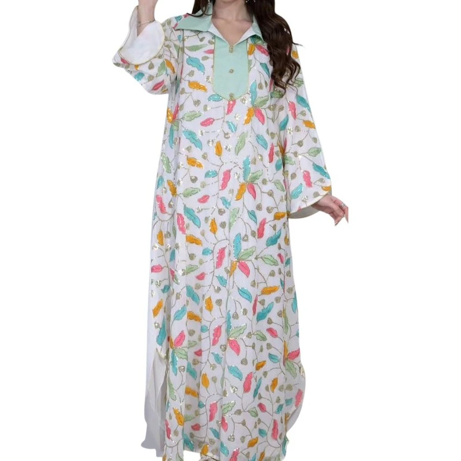 2025 Muslim Beaded Embroidery Women Abaya Ramadan Morocco Long Sleeved V-neck Party Dress Eid Dubai Loose Casual Robes Jalabiya