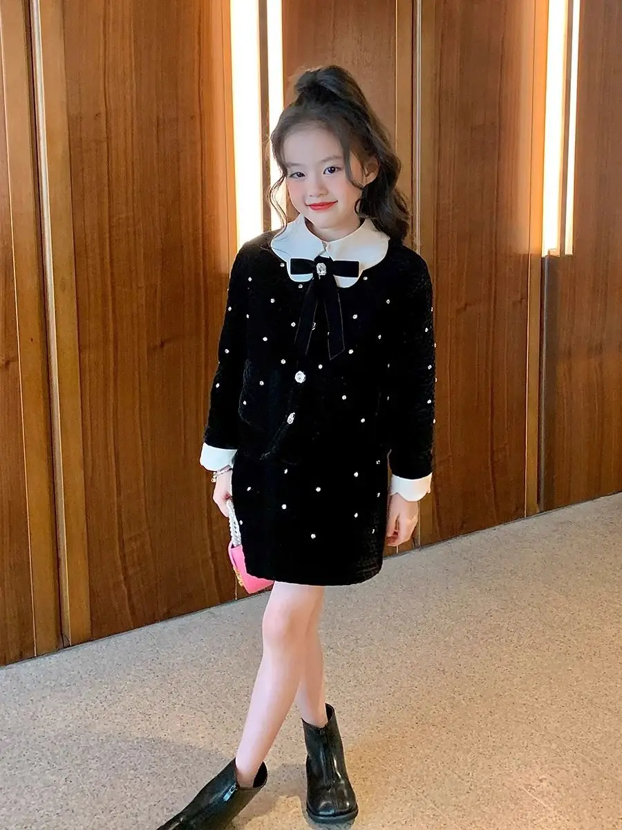 

Теплый зимний костюм для девочек: черное пальто из плотного хлопка + короткая юбка, 2 предмета, элегантный осенний комплект для малышек