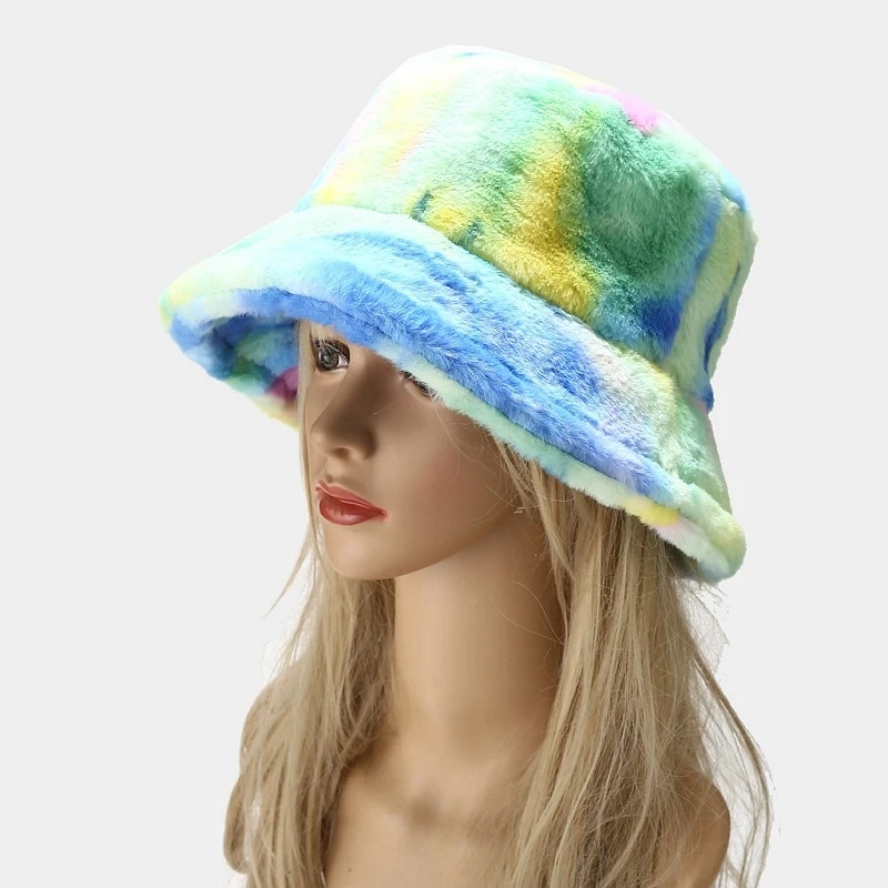 Tie Dye Faux Fur Bucket Hat Multicolor Plush Winter Sun Cap