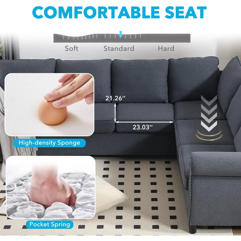 Sofá cama, sofá removível com colchão, sofá de 6 lugares de 104 polegadas, sofá moderno e confortável em forma de L, cinza