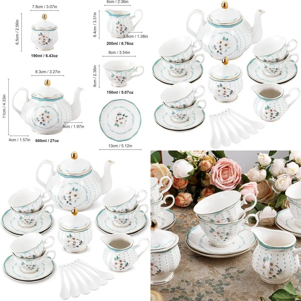 

Vintage Royal Porcelain Tea Set with Gold Trim, 21-Piece White Camellia Polka Dot Design, 6 Cups & Saucers for Home & Wedding Pa