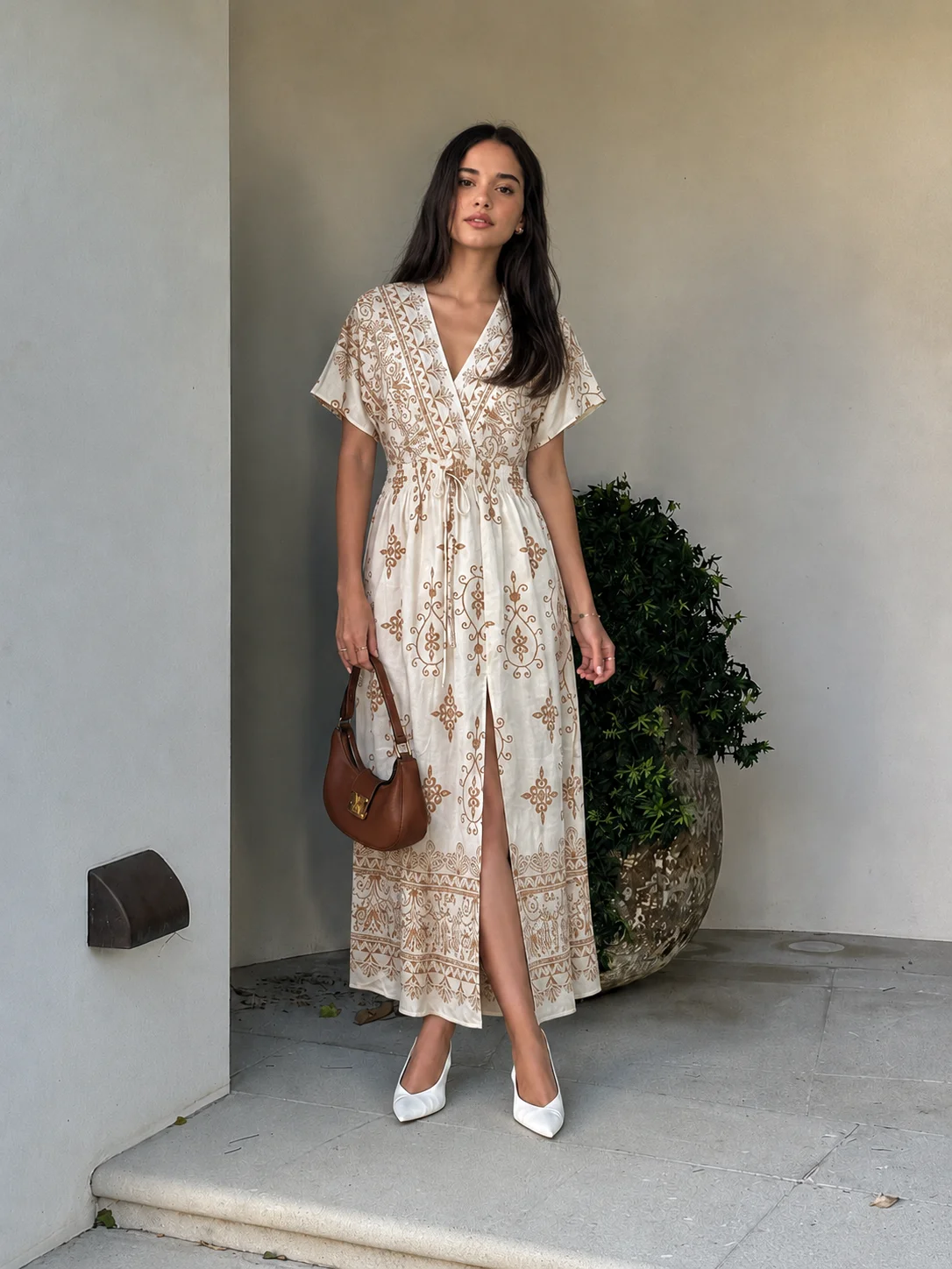 

Women Summer Maxi Dress V Neck Wrap Long Split Boho Short Sleeve Printed Elegant Beach Party Vacation Sun Dress 2026 New Arrival