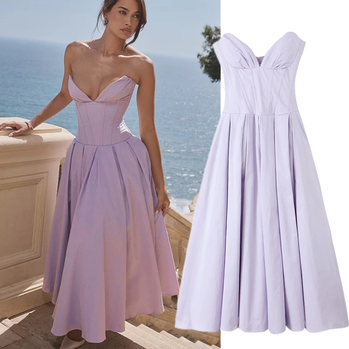 

Maxdutti Lavender Purple Sexy Maxi Vestidos For Summer Long Dress French Holiday Style Strapless Dress Women