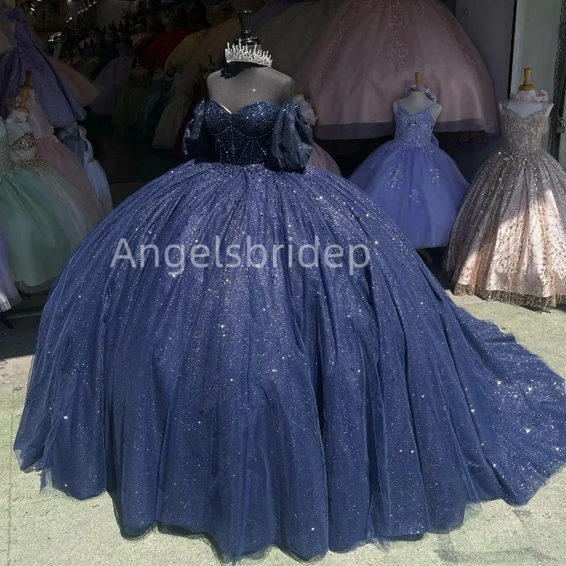 

Angelsbridep Sparkly Vestido De 15 Años Navy Blue Ball Gown Quinceanera Dress Luxury Beading Girls Evening Party Dresses