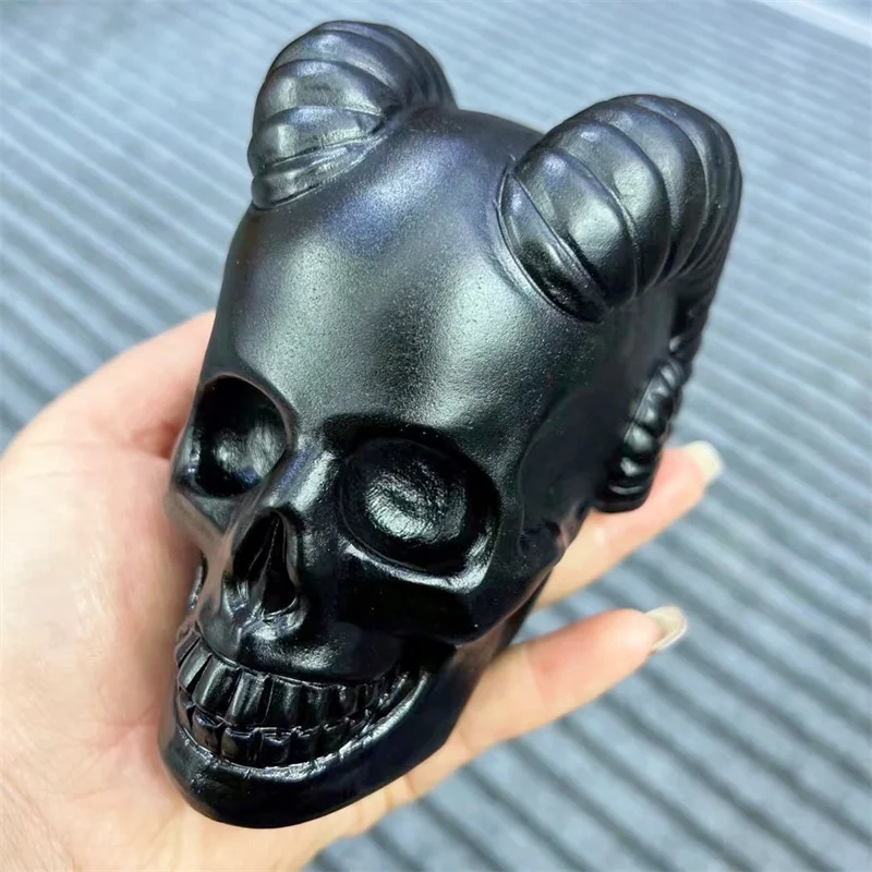 

Natural Black Obsidian Devil's Horn Skull Crystal Wicca Wichcraft Reiki Raw Gems Minerals Ornaments Home Decoration Gift 1pcs