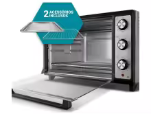 Forno Philco PFE66 com a porta aberta exibindo a bandeja e grade inclusas
