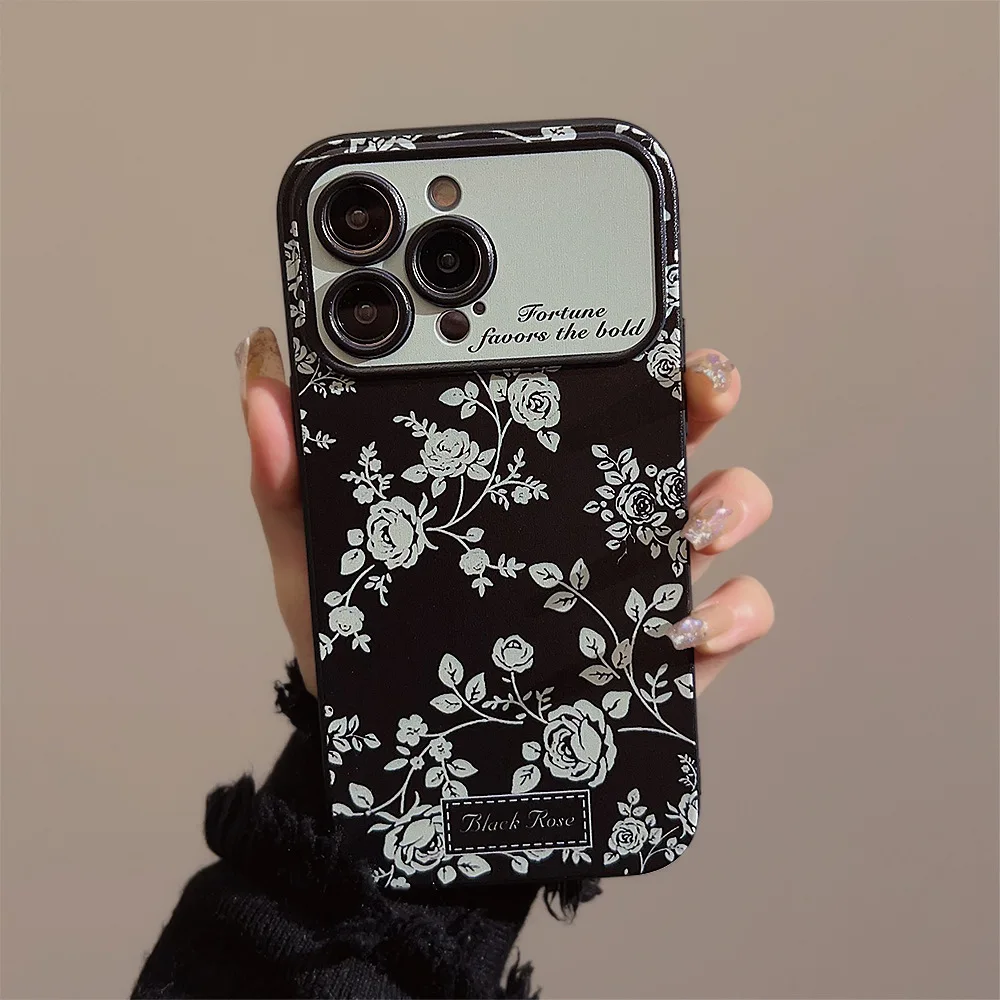Vintage Black Rose Flowers Large Window Phone Case For iPhone 17 Air 16 15 14 13 11 12 11 Pro Max XS XR X Shockproof Soft Cover