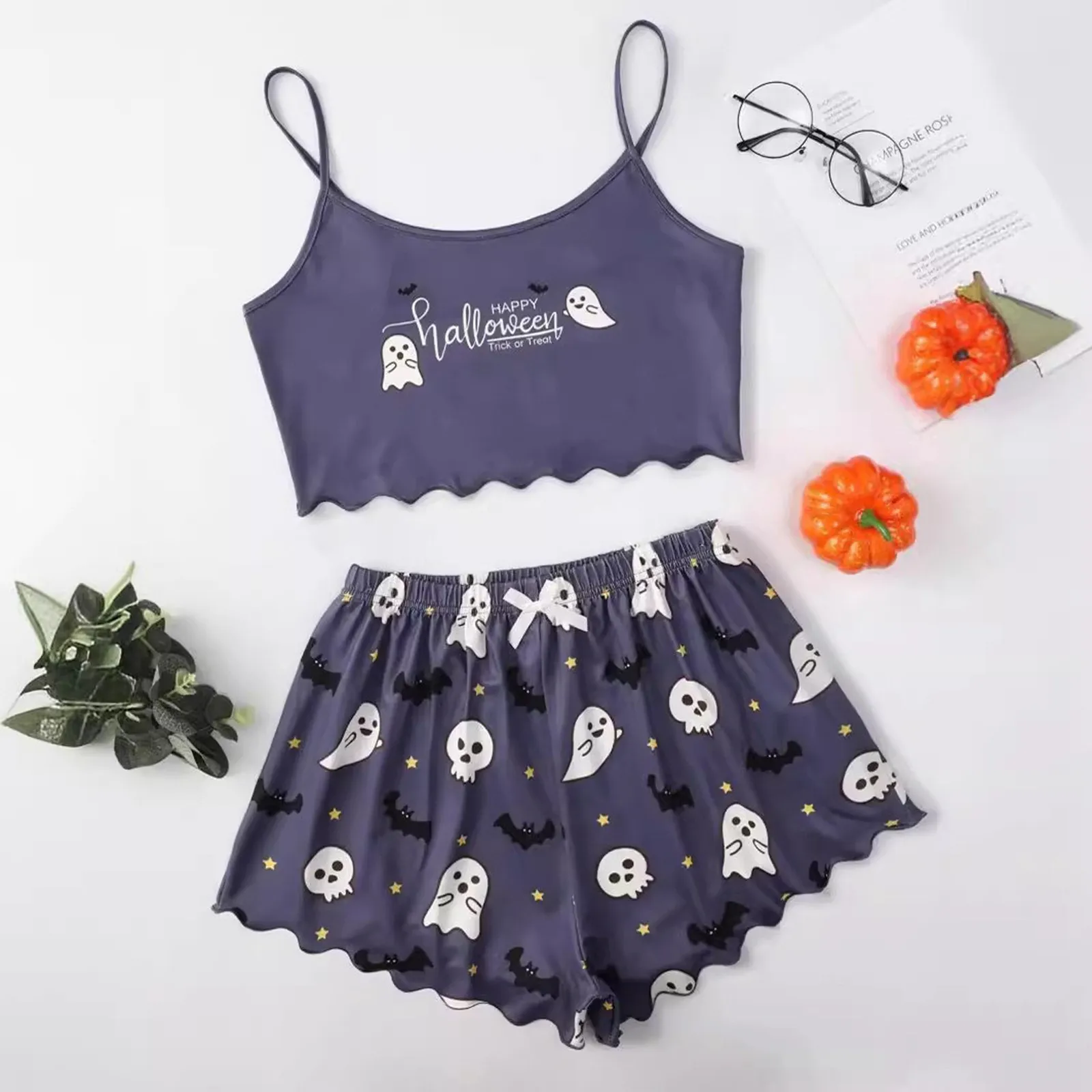 Women Pajamas Sleepwear Pajama Set Sports Camisole And Shorts Halloween Pumpkin Print Summer Soft Comfortable Casual