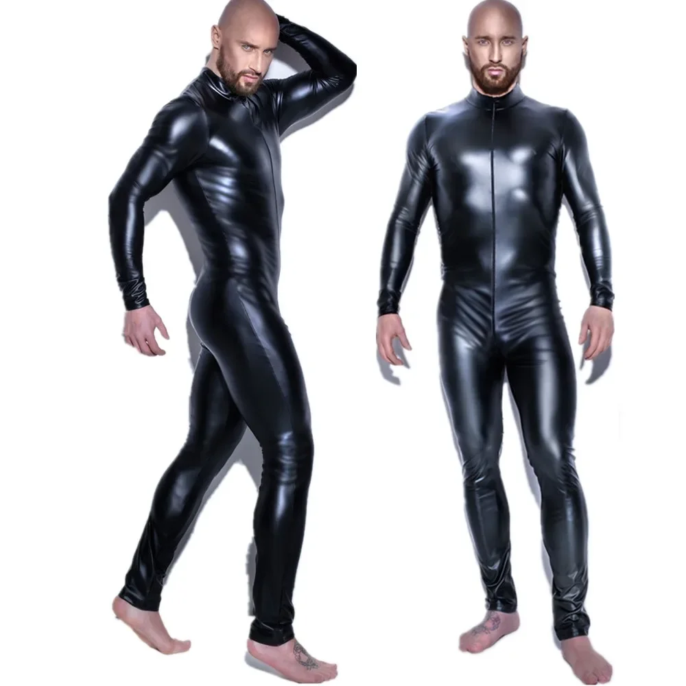 

Men Sexy Lingerie Bodysuit Wetlook Latex Faux Leather Double Zipper Open Crotch Pvc Tight Catsuit Fetish Gay Costumes Clubwear
