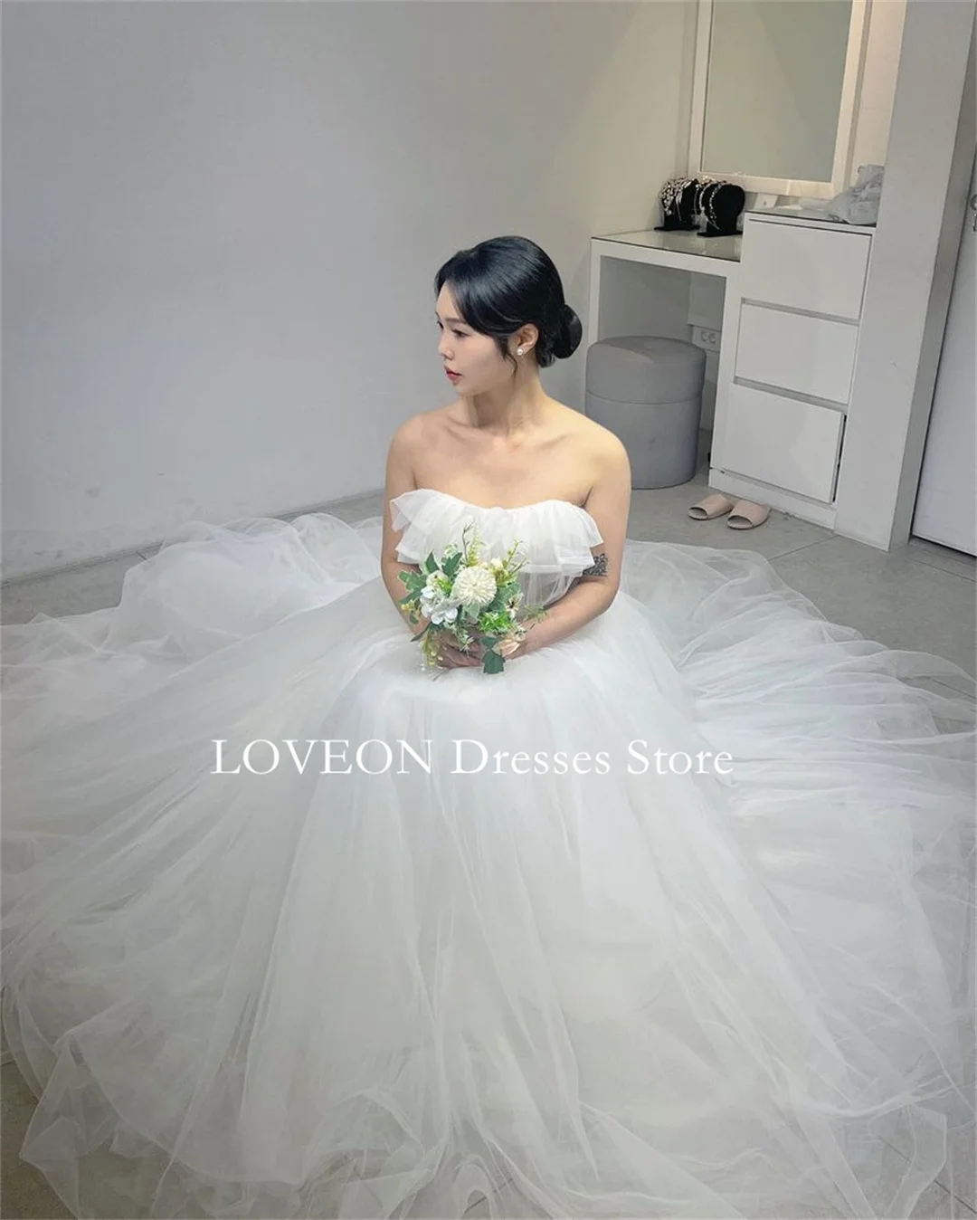 GIOIO Strapless Ruffles Ivory Wedding Dresses Floor Length 프롬드레스  Korea Tulle Corset A-Line Ivory Bride Gowns Party Women Bride