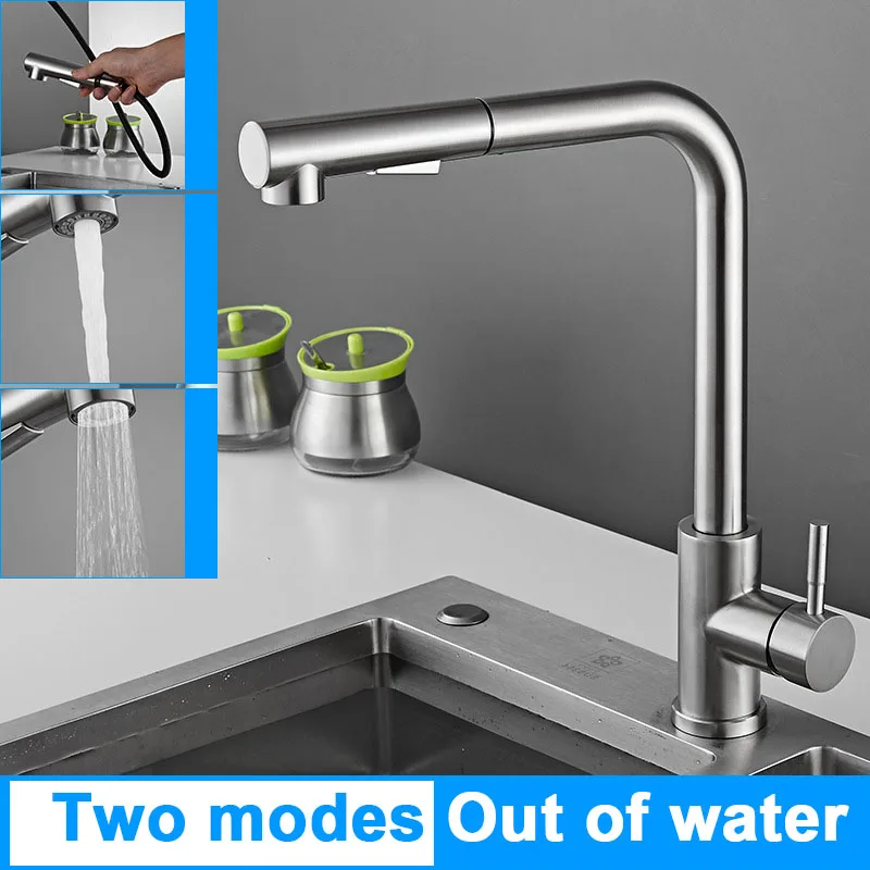 

360° Kitchen Sink Faucet Rotating Two Model Stream Sprayer Nozzle Stainless Steel Hot Cold Water Mixer Tap Deck Black Pull Out