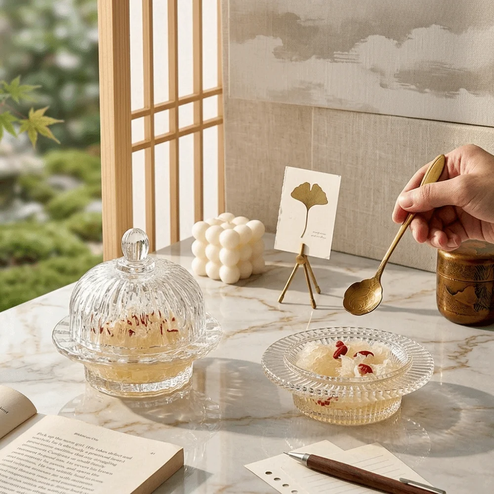 Multi-Purpose Transparent Dessert Bowl Exquisite High-End Tremella Glass Bowl with Lid European-Style Yogurt Bowl Fruit Serving