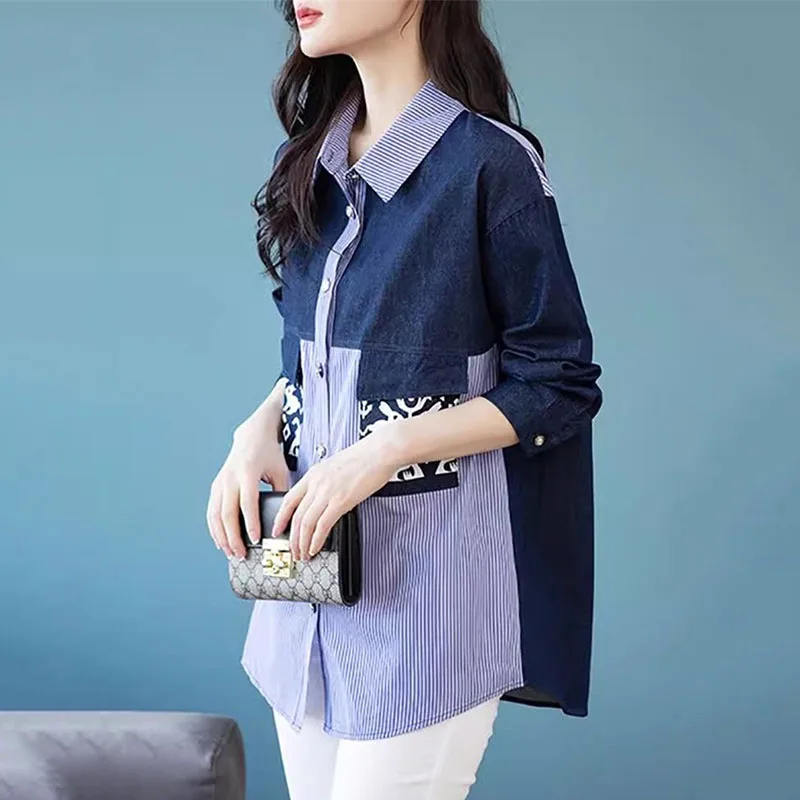 2024 Lente Zomer Casual Denim Patchwork Shirt Vrouwen Koreaanse Lange Mouw Losse Nieuwe Veelzijdige Jas Dame Mode Streep Blouse