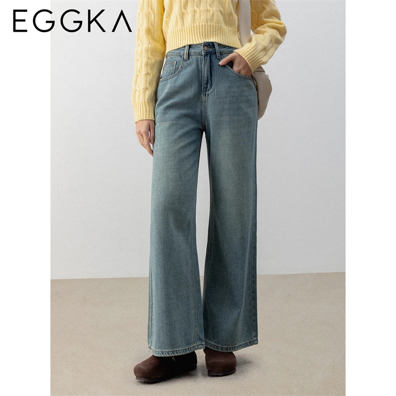 EGGKA Grinding Wide-leg Jeans Female Winter New Straight Pants High Waist Denim Pant Office Lady Versatile Commuter Blue Jeans