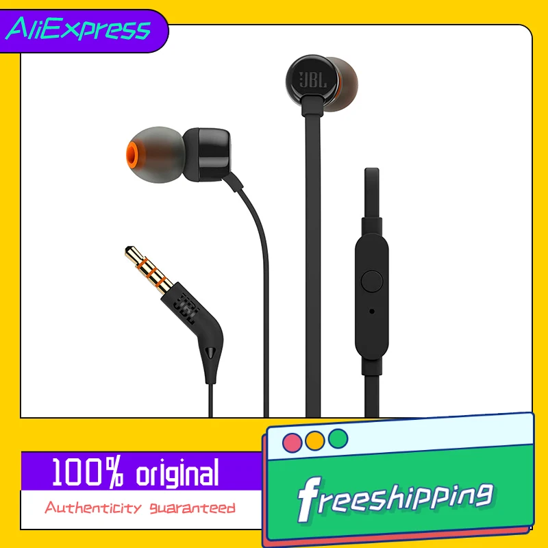 JBL TUNE 110 3,5mm Fones de ouvido com fio T110 Stereo Music Deep Bass Earbuds Sports Headset In-line Controle mãos-livres com m