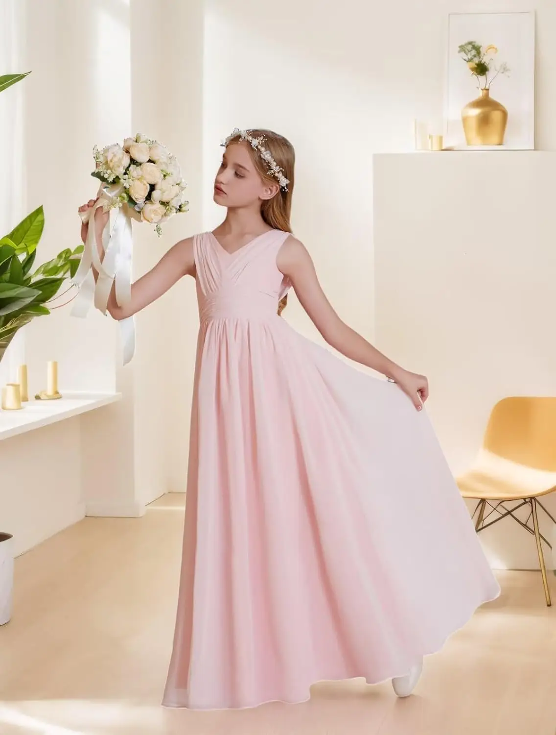 Vestidos de niña de flores de gasa Vestido largo fluido sin mangas formal de una línea para vestido de dama de honor junior de boda para niños