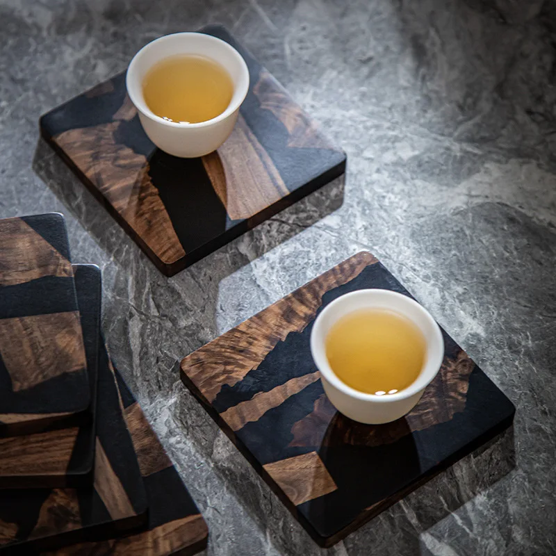 Insulated Wooden Tray Walnut Frame Resin Coaster Ink Nordic Style Tea Cup Holder Epoxy Resin Pot Holder Insulation Pad