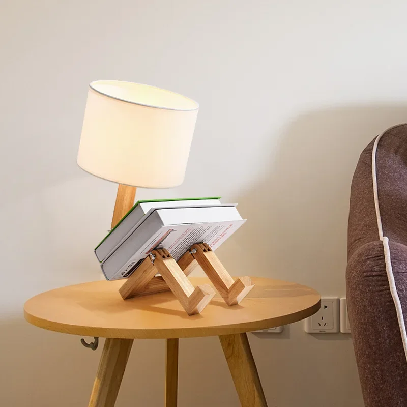 Adjusted Robot Shape Table Lamp E27 Wooden Fabric Bedroom Lamp Fold-able Desk Light for Living Room Study Room Drop Shipping